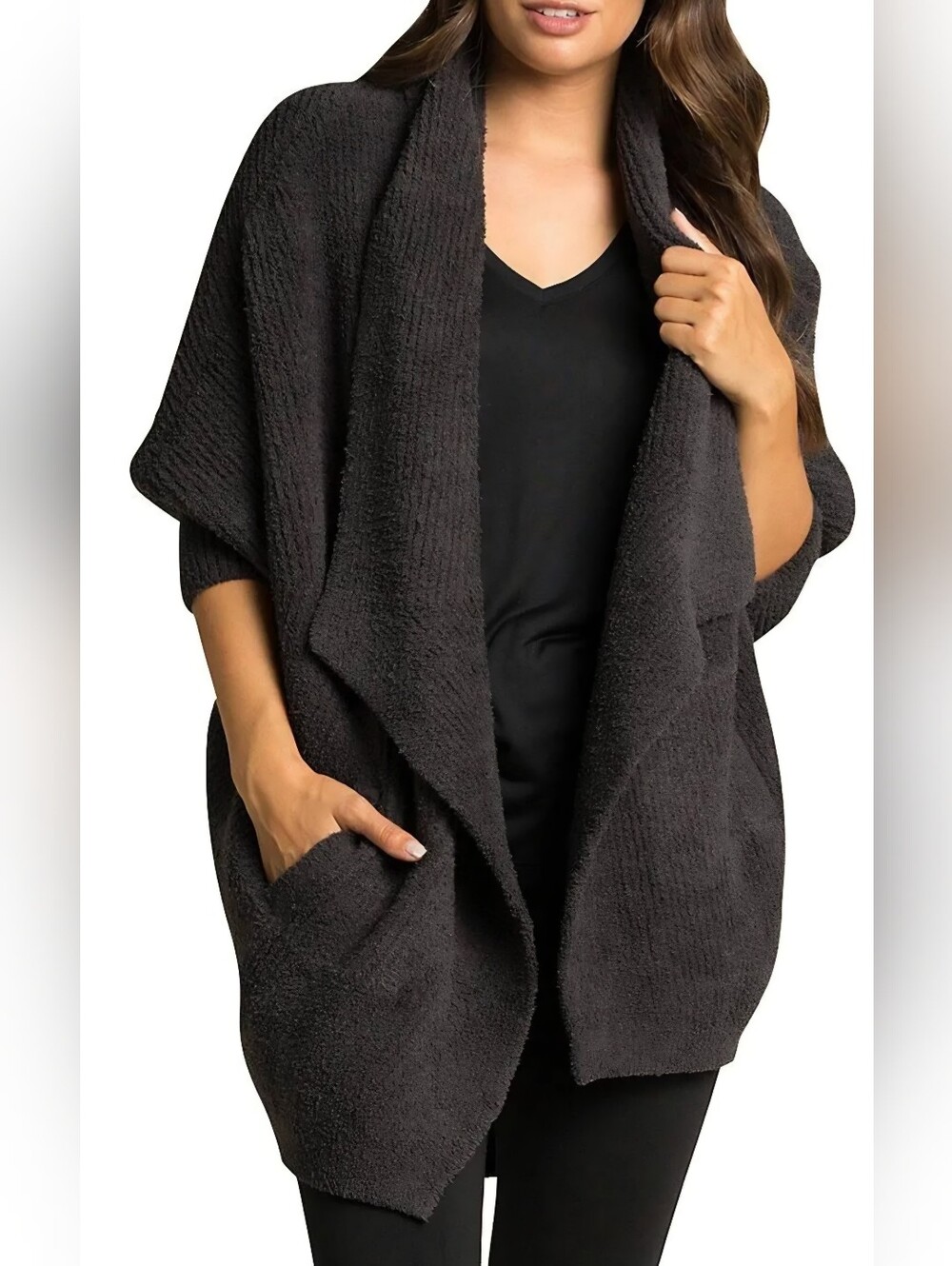 Barefoot Dreams CozyChic Chevron Ribbed Cardigan L/XL Black Open Front Carbon